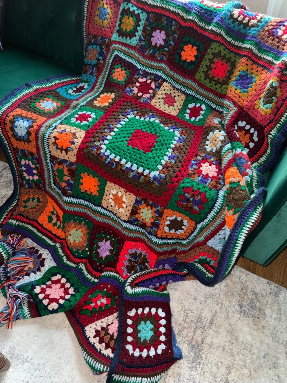 Granny square patchwork crochet Afghan blanket -handmade- multicolore 96”X 67”